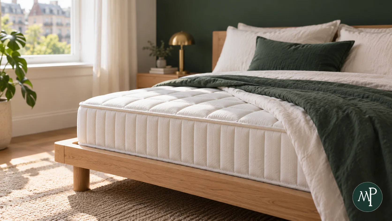 White quilted mattress on a light oak bed in a bright bedroom with forest green walls