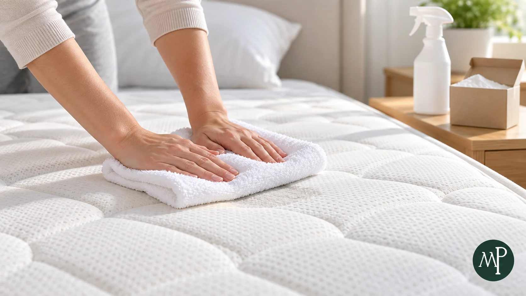 Mains pressant une serviette blanche pliée sur un matelas pour éponger une tache d’urine