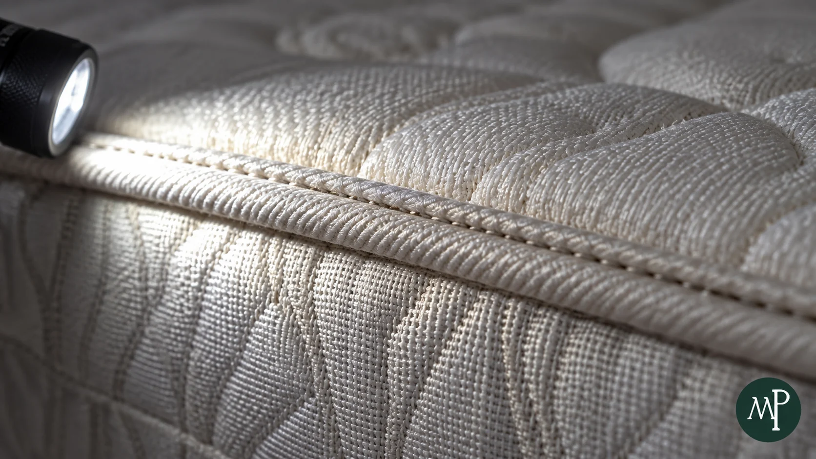 Couture et passepoil d’un matelas éclairés de biais par une lampe de poche lors d’une inspection