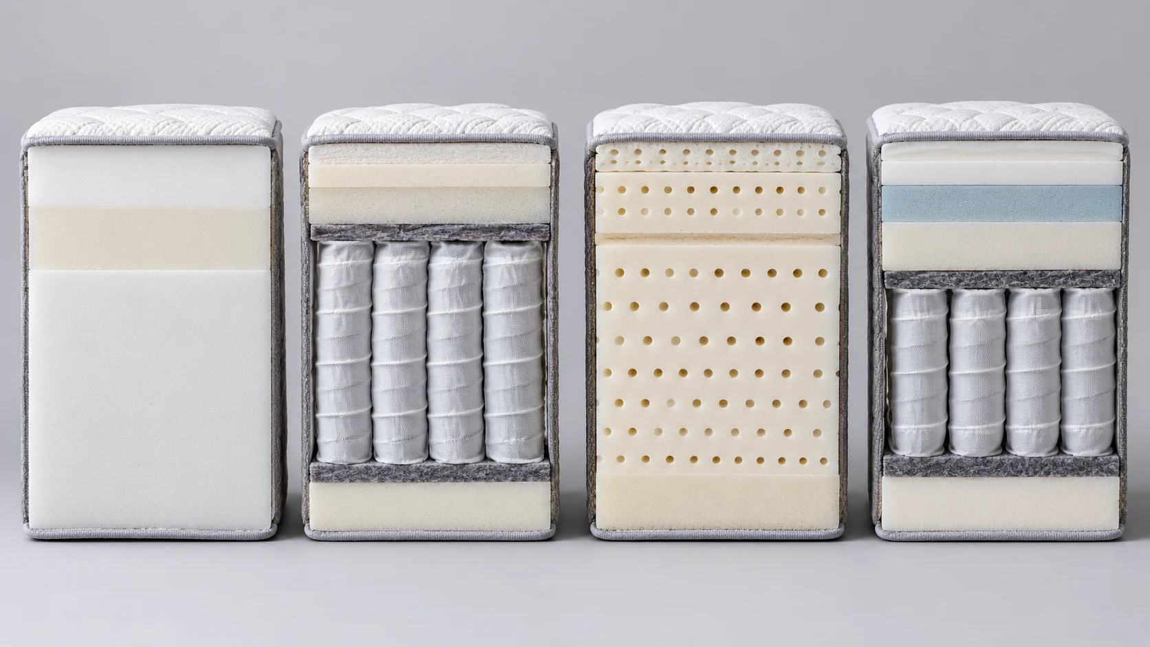 Four mattress cross-sections side by side: foam, pocketed coils, natural latex and a hybrid build