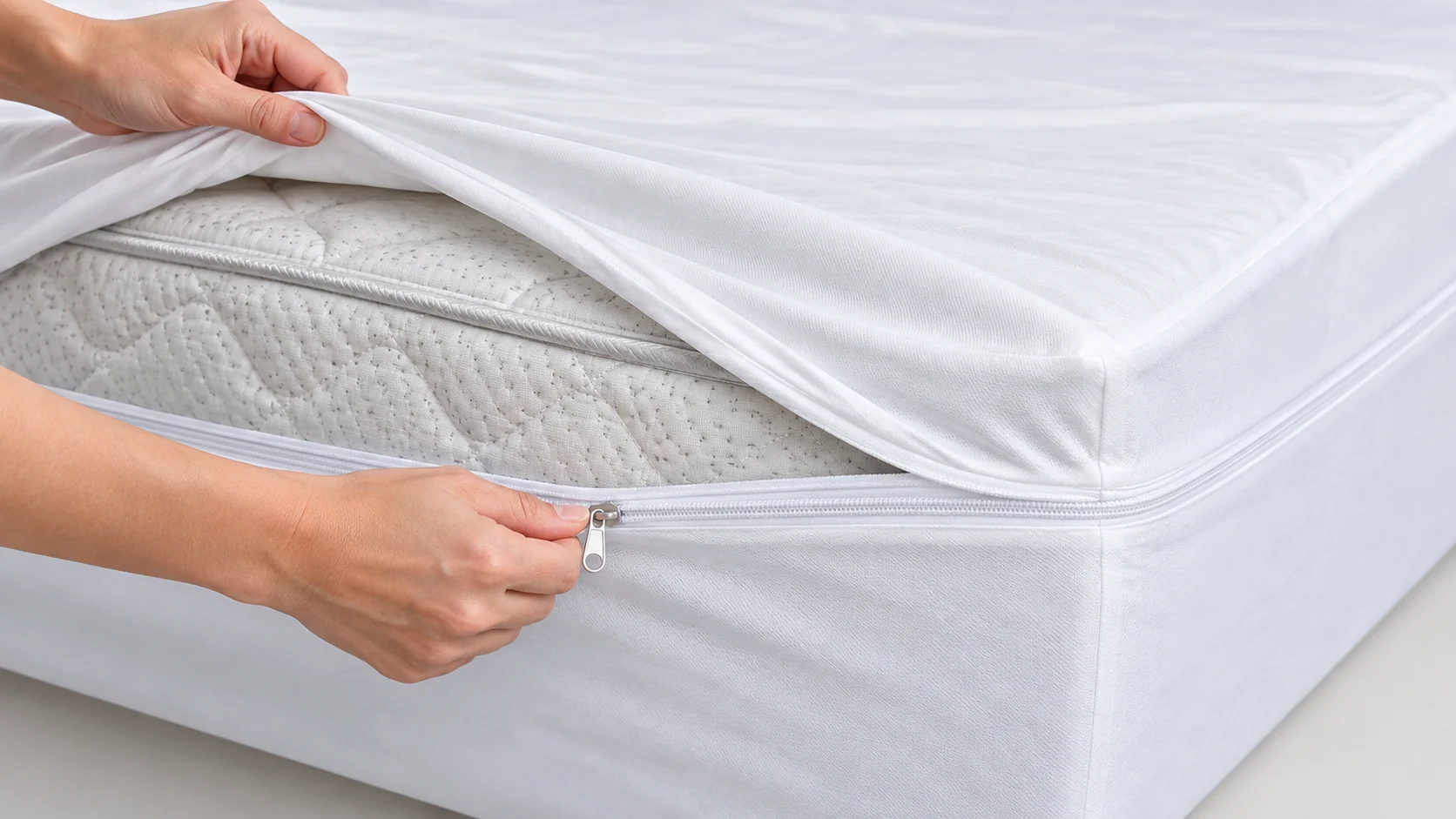 Housse intégrale à fermeture éclair glissée sur un matelas