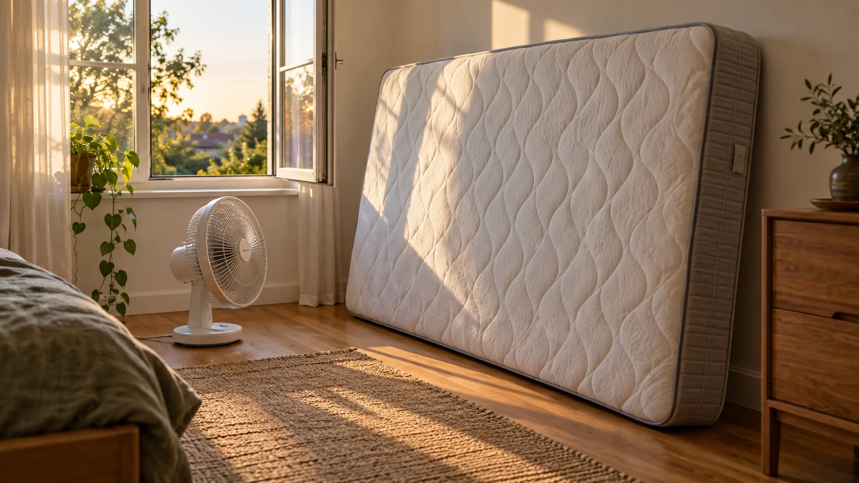 Matelas dressé sur la tranche près d’une fenêtre ouverte avec un ventilateur qui souffle en travers