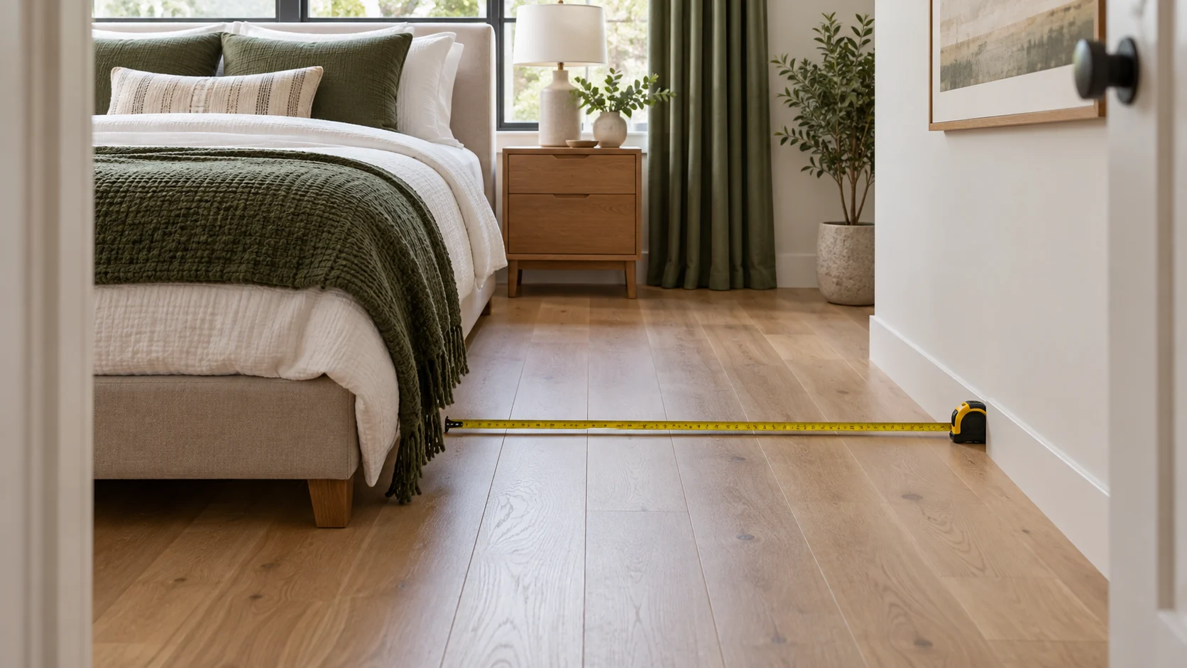 Tape measure laid out on the floor between the side of the bed and the wall of a bedroom