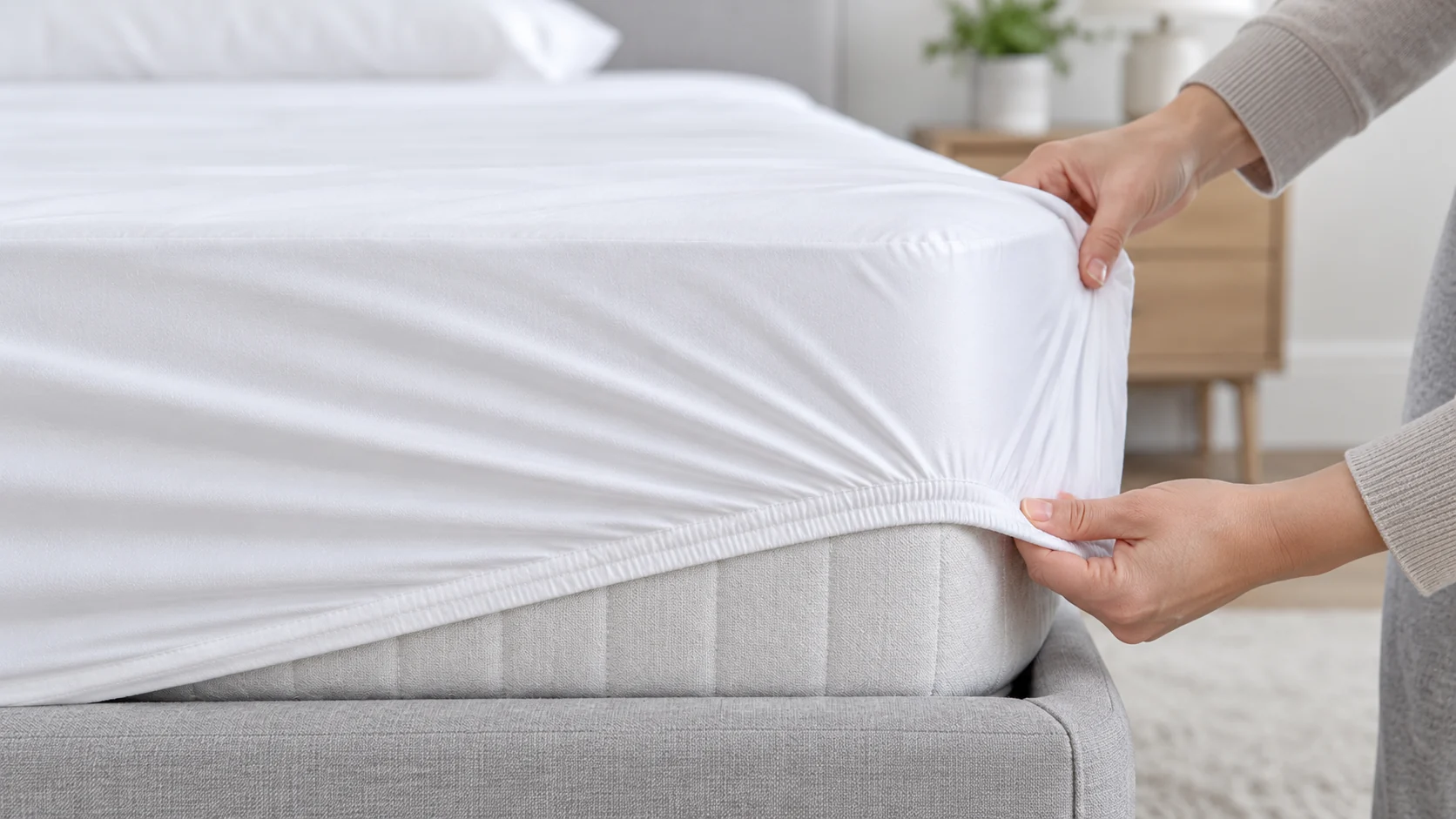 Protège-matelas imperméable blanc tiré sur le coin d’un matelas