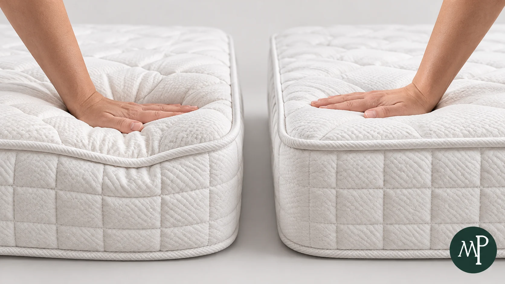 Deux coins de matelas côte à côte, une main s’enfonçant profondément dans la surface moelleuse et à peine dans la surface ferme