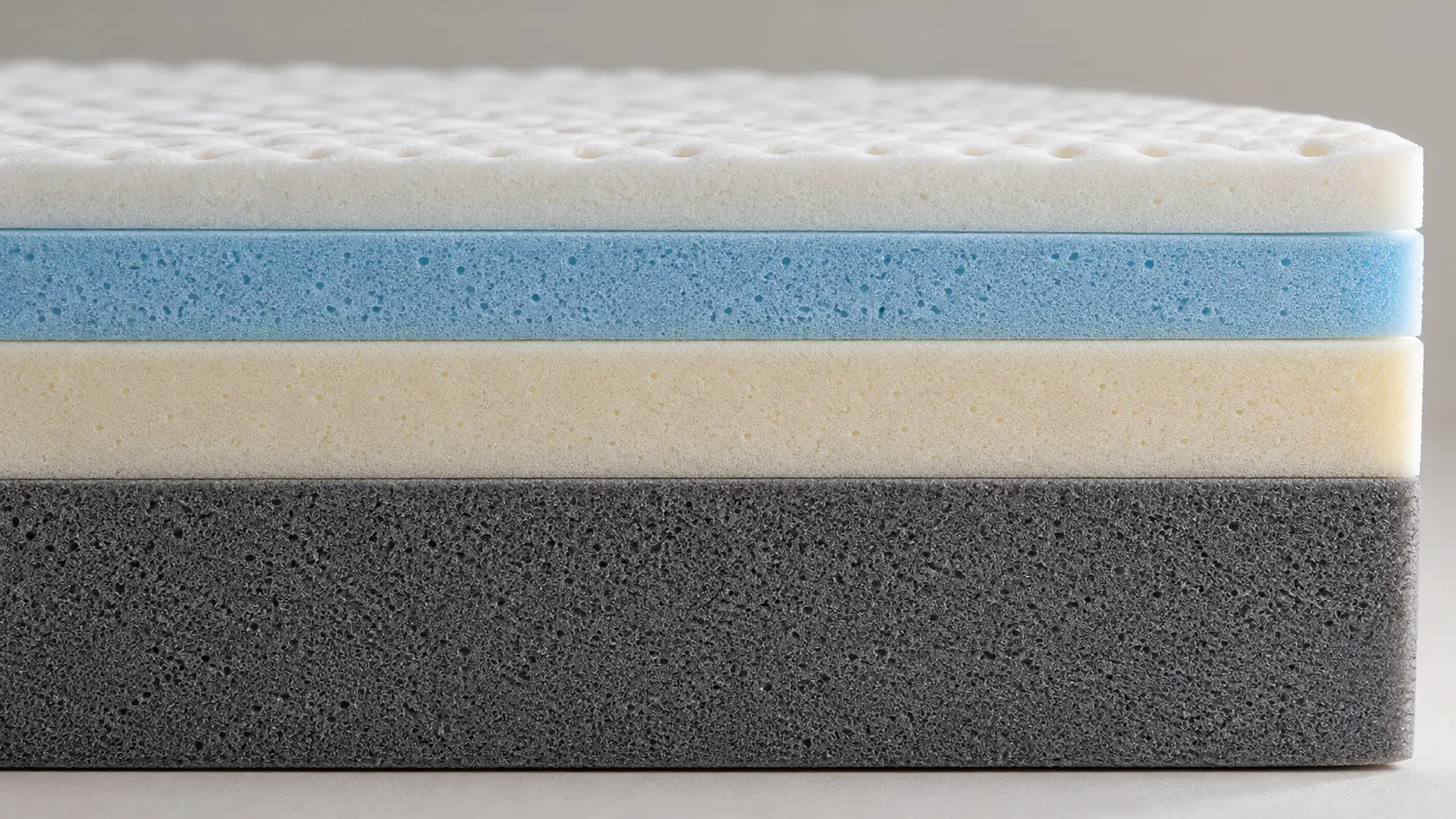 Coupe d’un matelas montrant trois couches de confort d’épaisseurs différentes au-dessus d’une couche de soutien dense