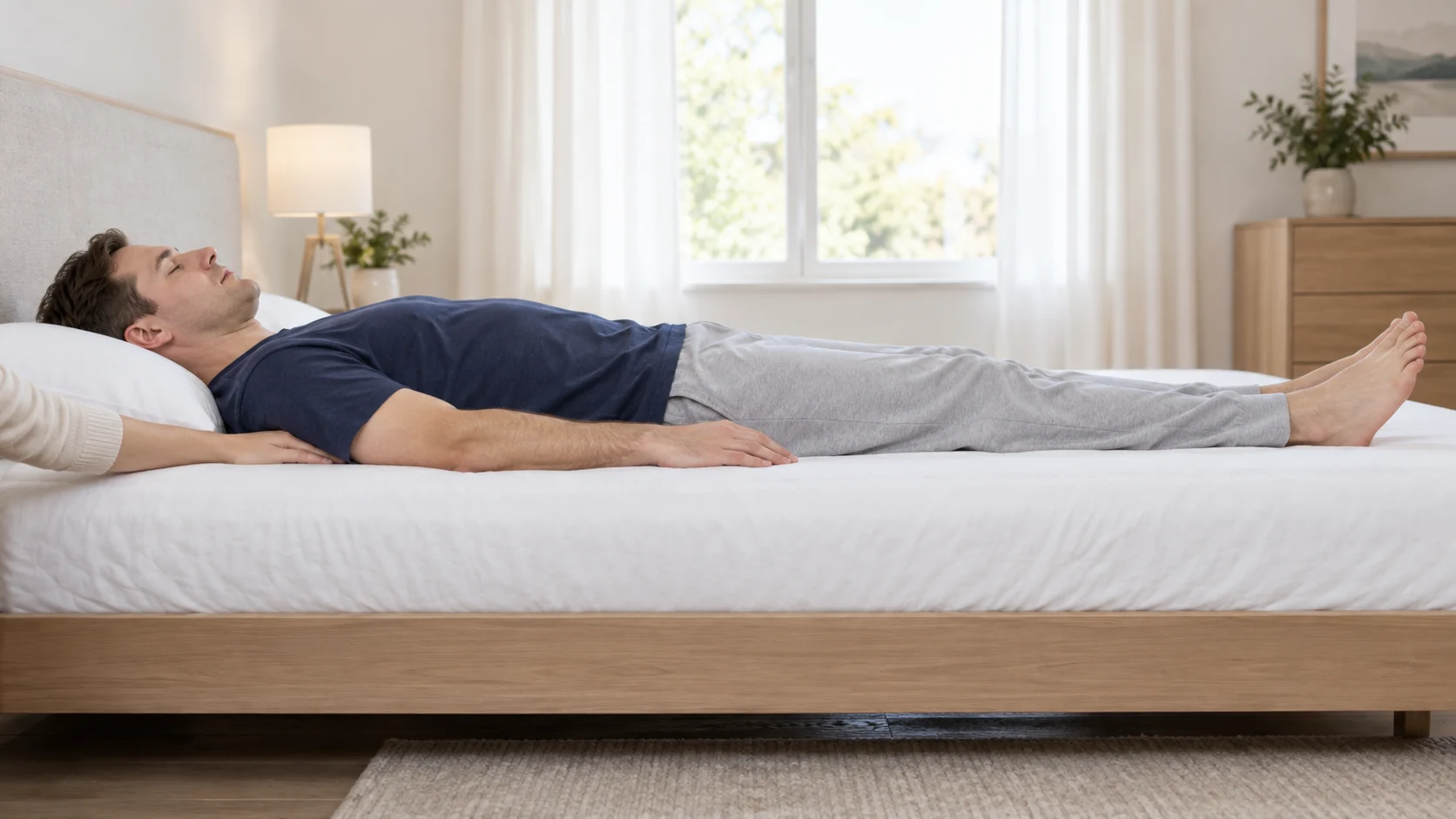 Person lying on their back on a mattress, seen from the side, spine aligned from shoulders to pelvis