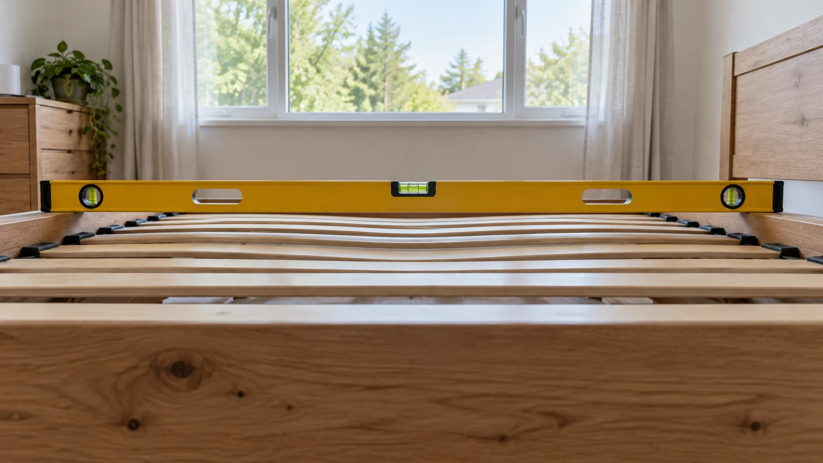 A level laid across a slatted bed base showing the sag in the middle with the mattress removed