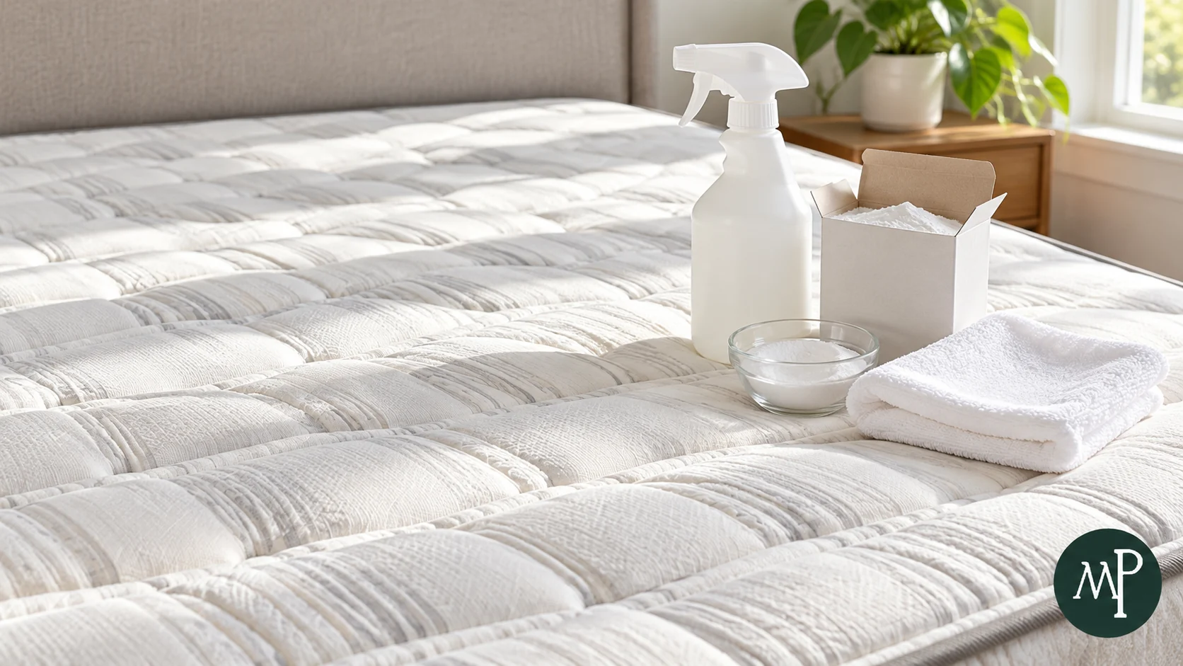 Matelas dénudé avec vaporisateur, bicarbonate de soude et linge blanc posés dessus pour le nettoyage