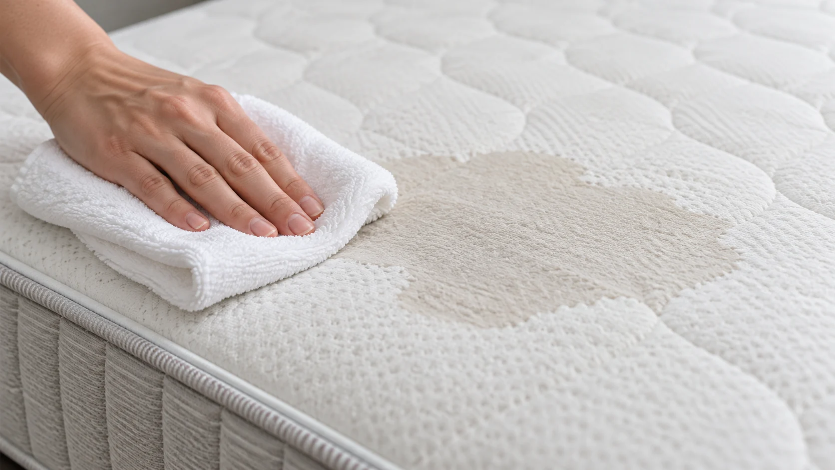Main tamponnant une auréole jaune sur un matelas avec un linge blanc plié, sans frotter