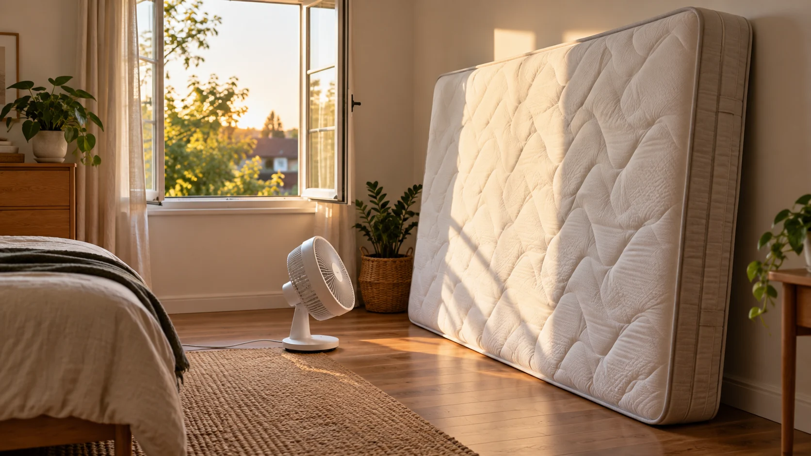 Matelas dressé sur la tranche près d’une fenêtre ouverte, un ventilateur soufflant en travers pour le séchage
